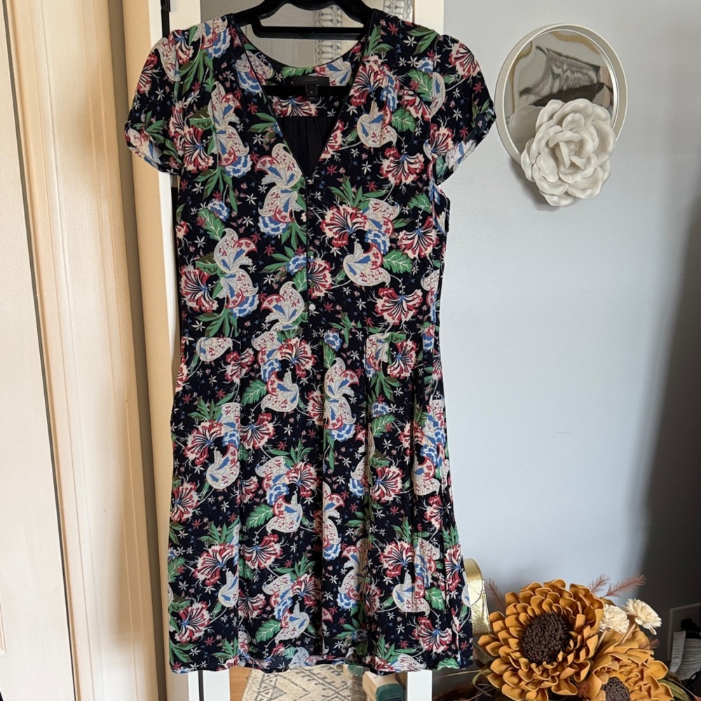 J. Crew Black Floral Short Sleeve V-Neck Dress